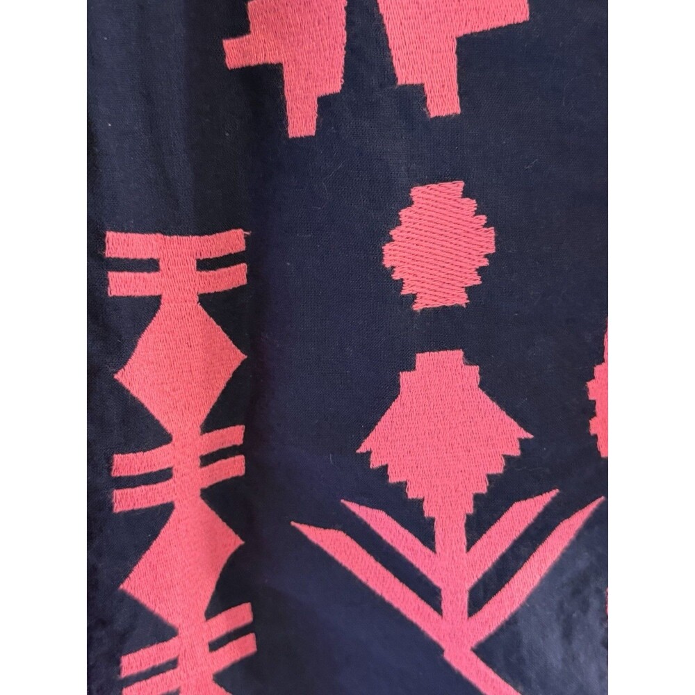 Frances Valentine XS Navy Pink Embroidered Linen Cotton Midi Dress Belted - Picture 8 of 11